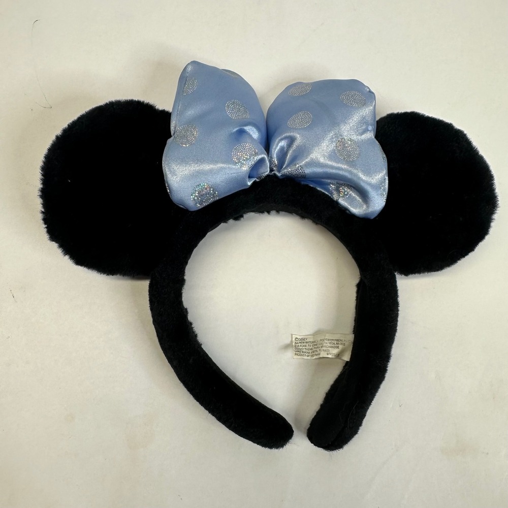 Vintage Disney Parks Minnie Mouse Ears Headband Black Blue Glitter Polka Dot Bow
